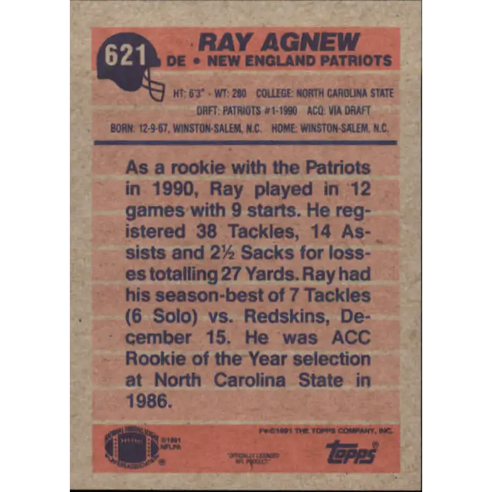 1991 Topps #621 Ray Agnew NM-MT RC Rookie New England Patriots Football Card - Football Card Single