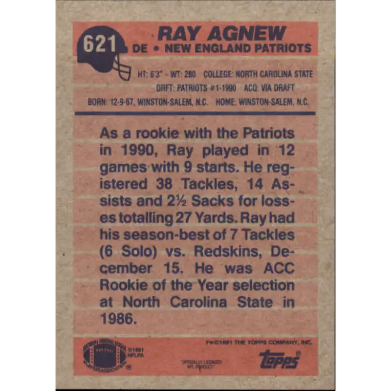 1991 Topps #621 Ray Agnew NM-MT RC Rookie New England Patriots Football Card - Football Card Single