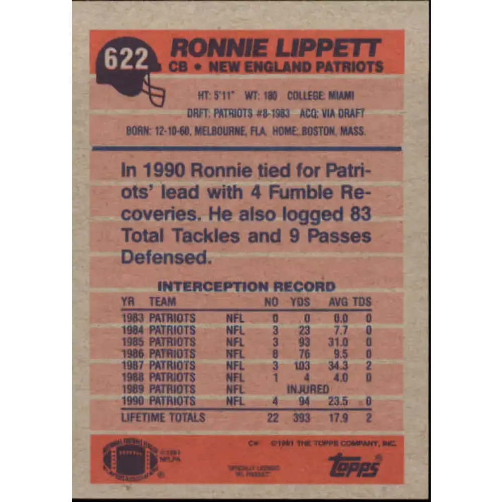 1991 Topps #622 Ronnie Lippett NM-MT New England Patriots Football Card - Football Card Single