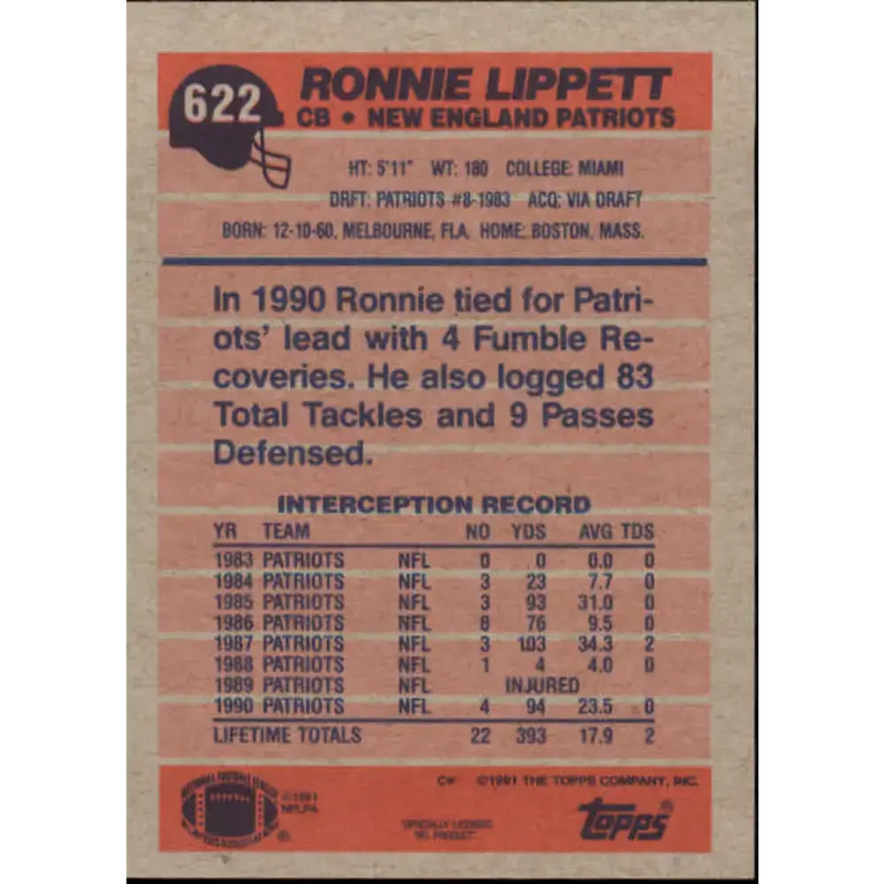 1991 Topps #622 Ronnie Lippett NM-MT New England Patriots Football Card - Football Card Single