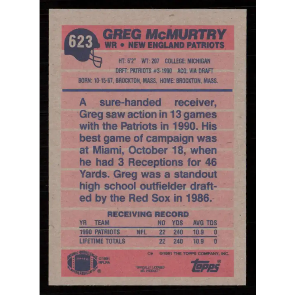 1991 Topps #623 Greg McMurtry NM-MT New England Patriots Football Card - Football Card Single