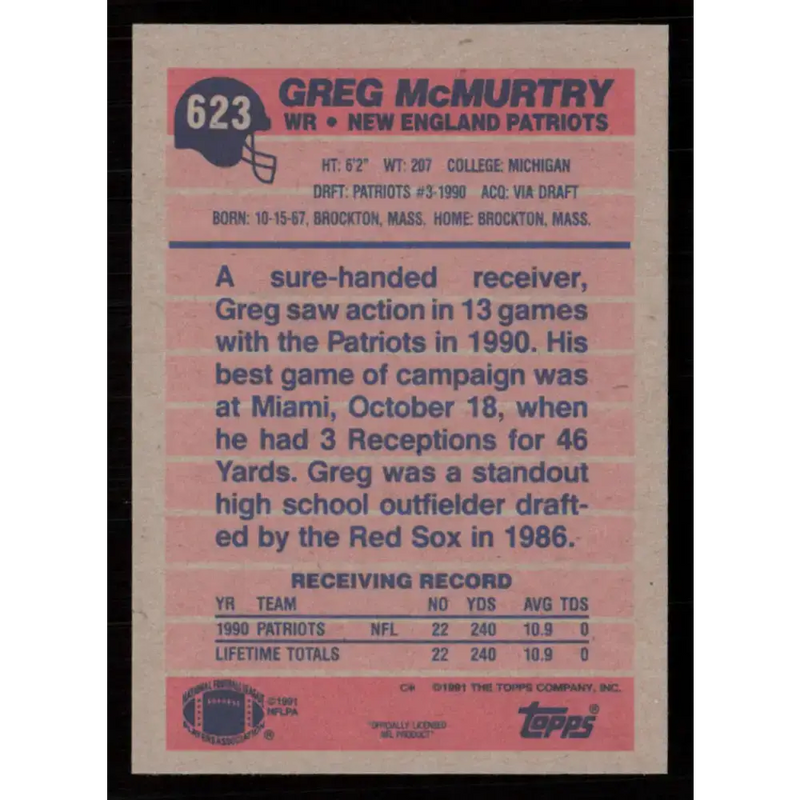 1991 Topps #623 Greg McMurtry NM-MT New England Patriots Football Card - Football Card Single
