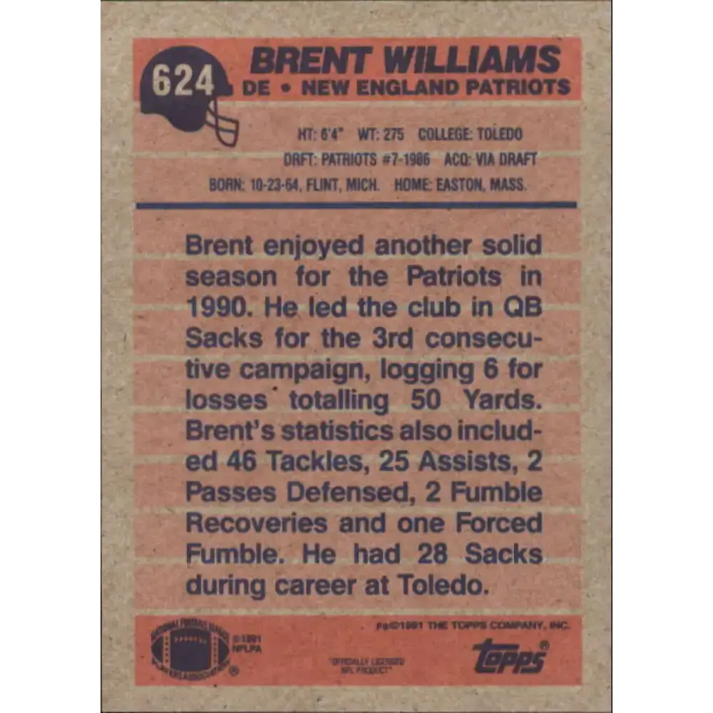 1991 Topps #624 Brent Williams NM-MT New England Patriots Football Card