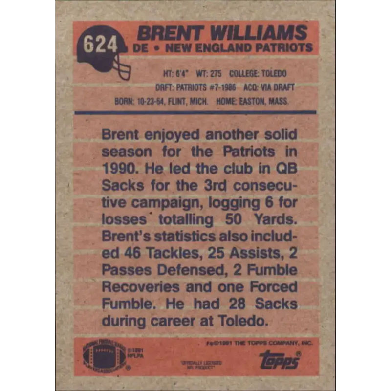 1991 Topps #624 Brent Williams NM-MT New England Patriots Football Card