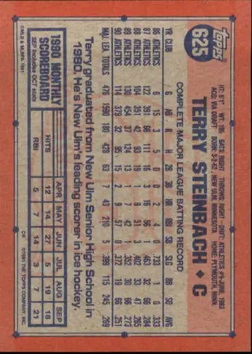 1991 Topps #625 Terry Steinbach NM-MT Athletics - Baseball Card Single