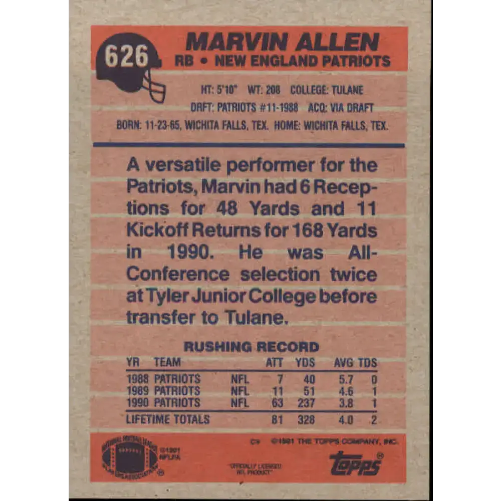 1991 Topps #626 Marvin Allen NM-MT New England Patriots Football Card - Football Card Single