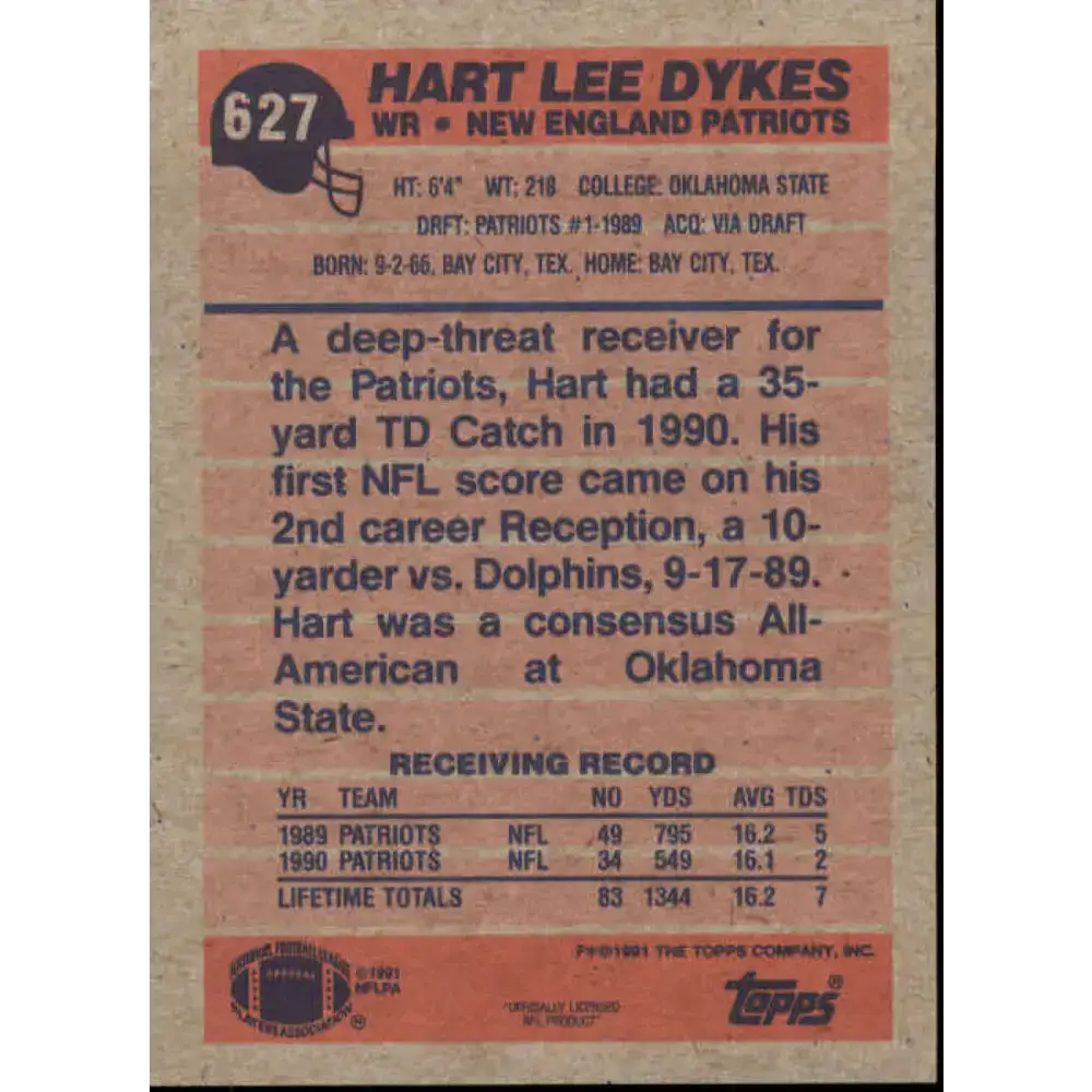 1991 Topps #627 Hart Lee Dykes NM-MT New England Patriots Football Card - Football Card Single