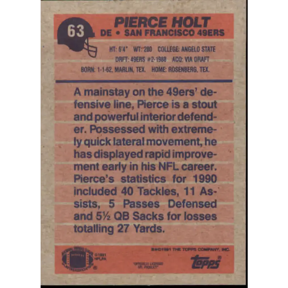1991 Topps #63 Pierce Holt NM-MT San Francisco 49ers Football Card - Football Card Single