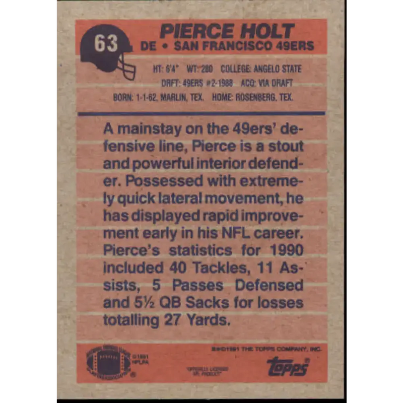 1991 Topps #63 Pierce Holt NM-MT San Francisco 49ers Football Card - Football Card Single