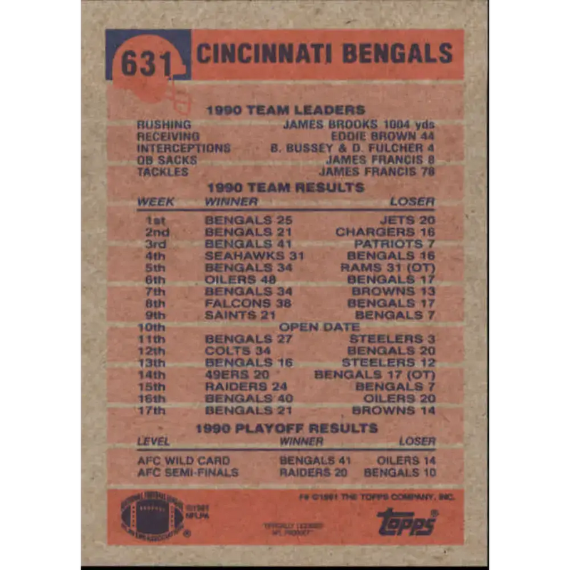1991 Topps #631 Stanford Jennings NM-MT Cincinnati Bengals Football Card - Football Card Single
