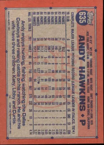 Original gloss Andy Hawkins baseball card 1991 Topps NM-MT Yankees