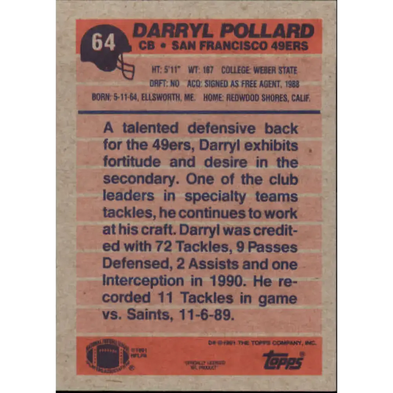 1991 Topps #64 Darryl Pollard NM-MT San Francisco 49ers Football Card - Football Card Single
