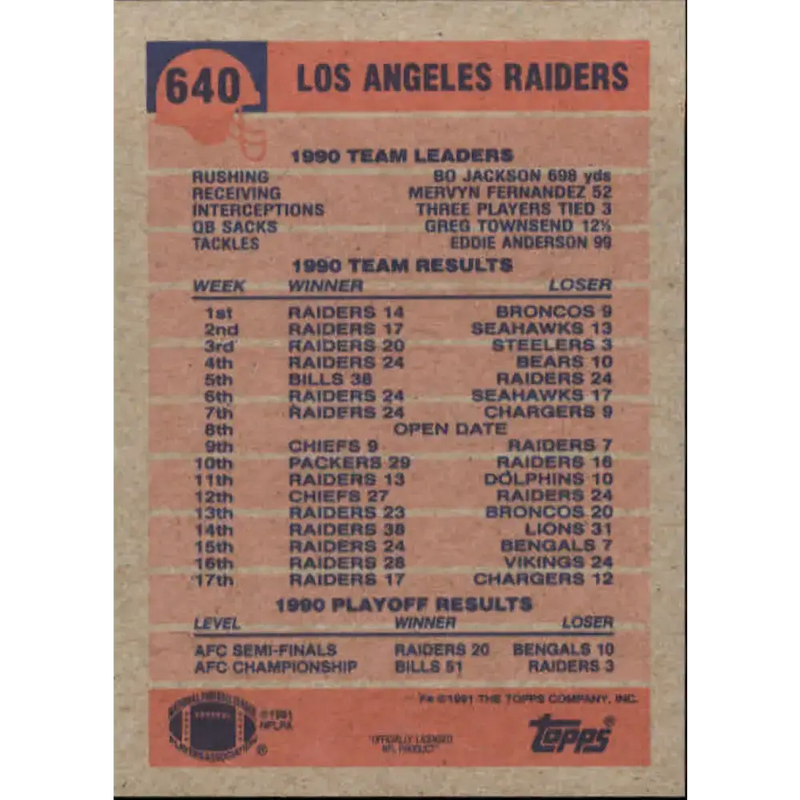 1991 Topps #640 Marcus Allen NM-MT Los Angeles Raiders Football Card - Football Card Single