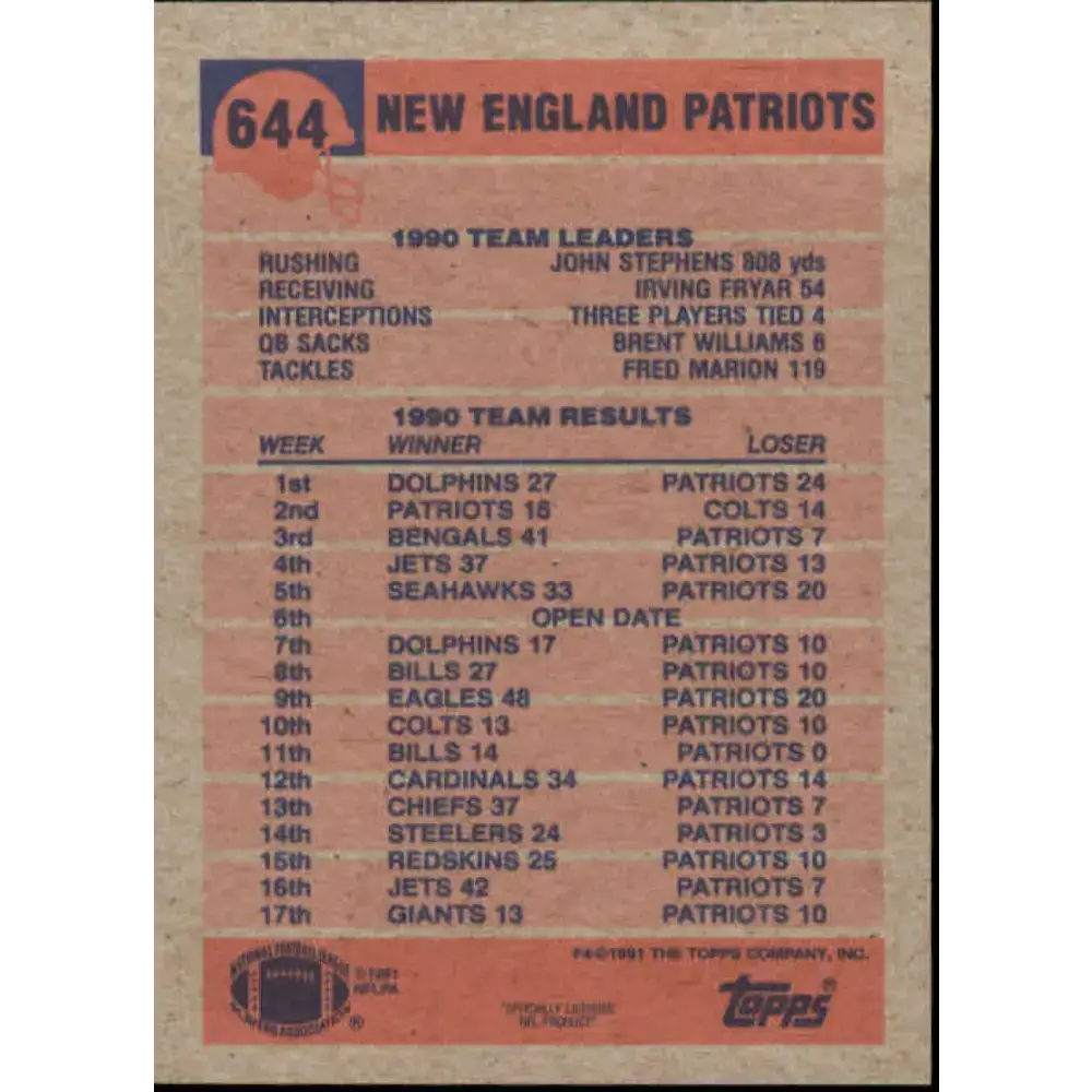1991 Topps #644 John Stephens NM-MT New England Patriots Football Card - Football Card Single