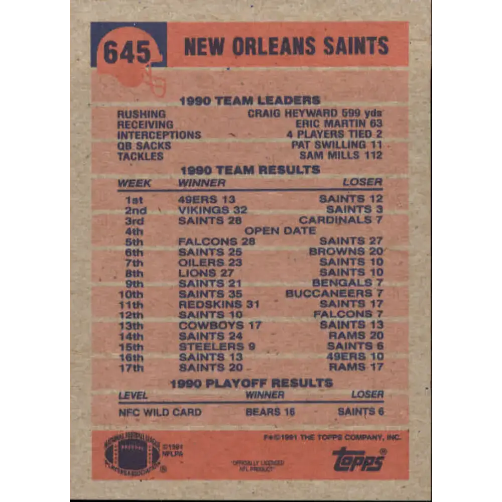 1991 Topps #645 Gill Fenerty NM-MT New Orleans Saints Football Card - Football Card Single