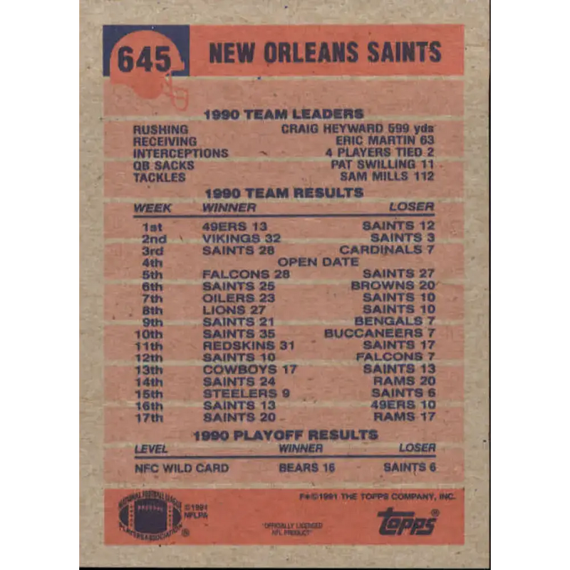 1991 Topps #645 Gill Fenerty NM-MT New Orleans Saints Football Card - Football Card Single