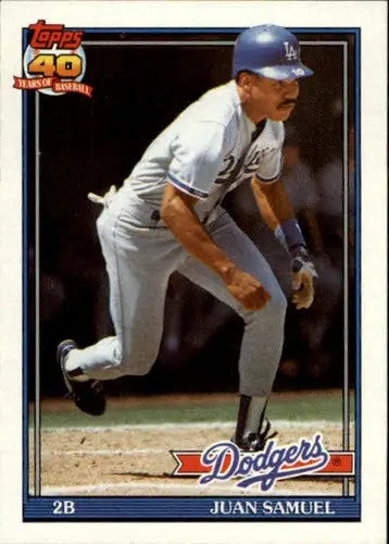 Original gloss 1991 Topps Juan Samuel baseball card NM-MT featuring Juan Samuel Dodgers