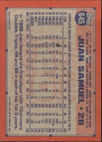 Original gloss of Juan Samuel baseball card from 1991 Topps #645 Juan Samuel NM-MT