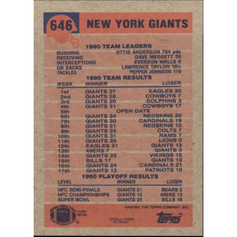 1991 Topps #646 Maurice Carthon NM-MT New York Giants Football Card