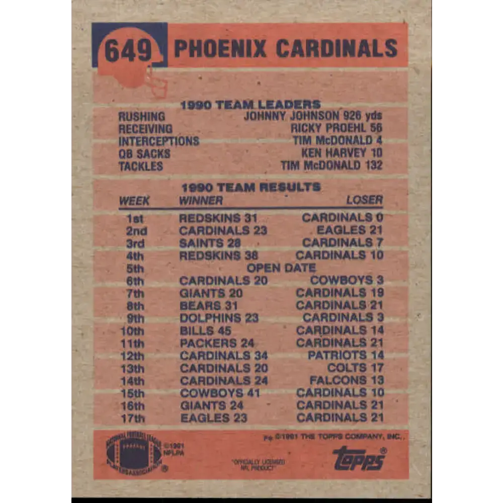 1991 Topps #649 Bill Lewis NM-MT Phoenix Cardinals Football Card - Football Card Single