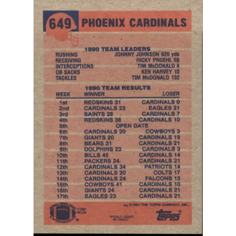 1991 Topps #649 Bill Lewis NM-MT Phoenix Cardinals Football Card - Football Card Single