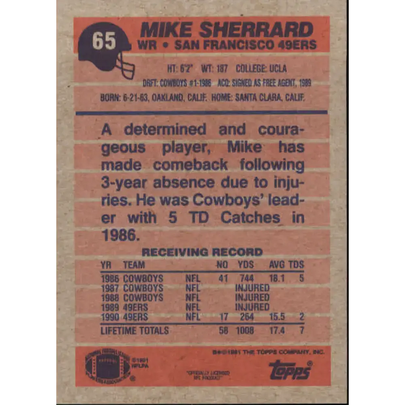 1991 Topps #65 Mike Sherrard NM-MT San Francisco 49ers Football Card - Football Card Single