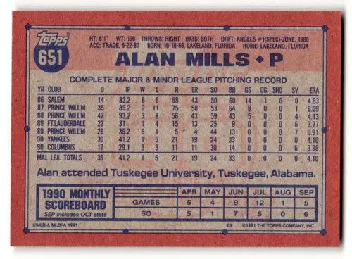 Original gloss Alan Mills Yankees baseball card from 1991 Topps #651 New York Yankees