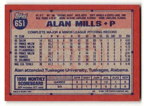 Alan Mills Yankees baseball card back with original gloss from 1991 Topps #651