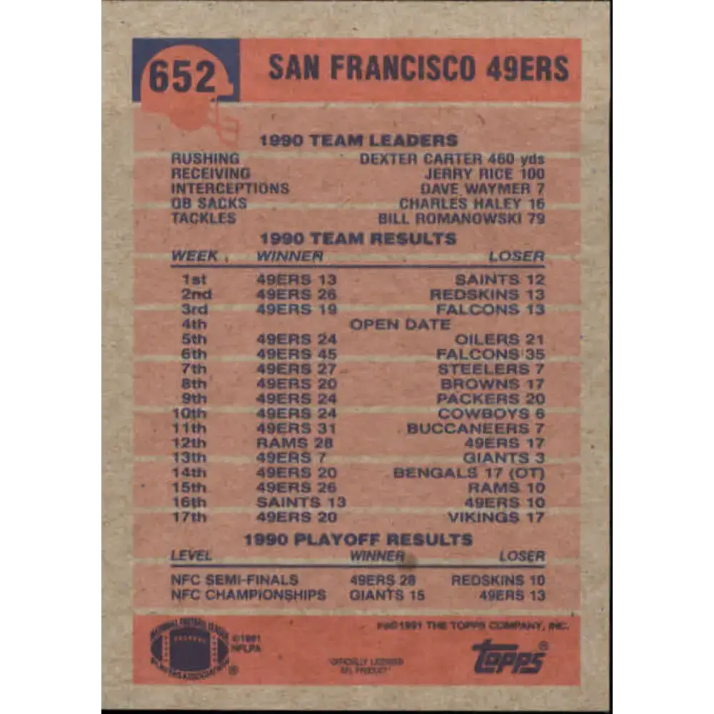 1991 Topps #652 Dexter Carter/Tom Rathman NM-MT San Francisco 49ers Football Card - Football Card Single