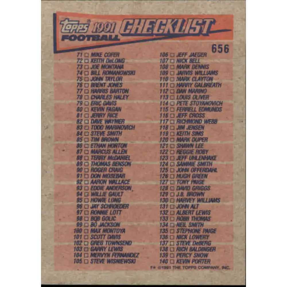 1991 Topps #656 Checklist 1-140 NM-MT Football Card - Football Card Single