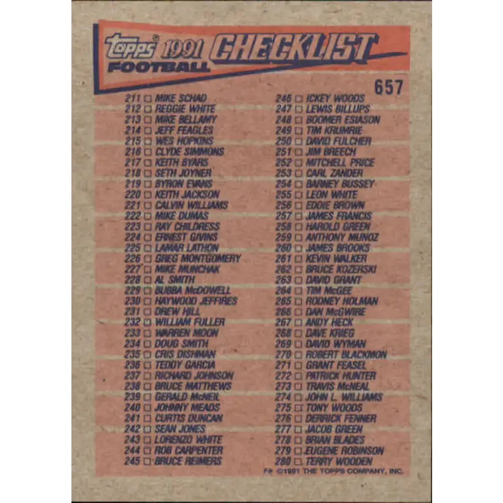 1991 Topps #657 Checklist 141-280 NM-MT Football Card - Football Card Single