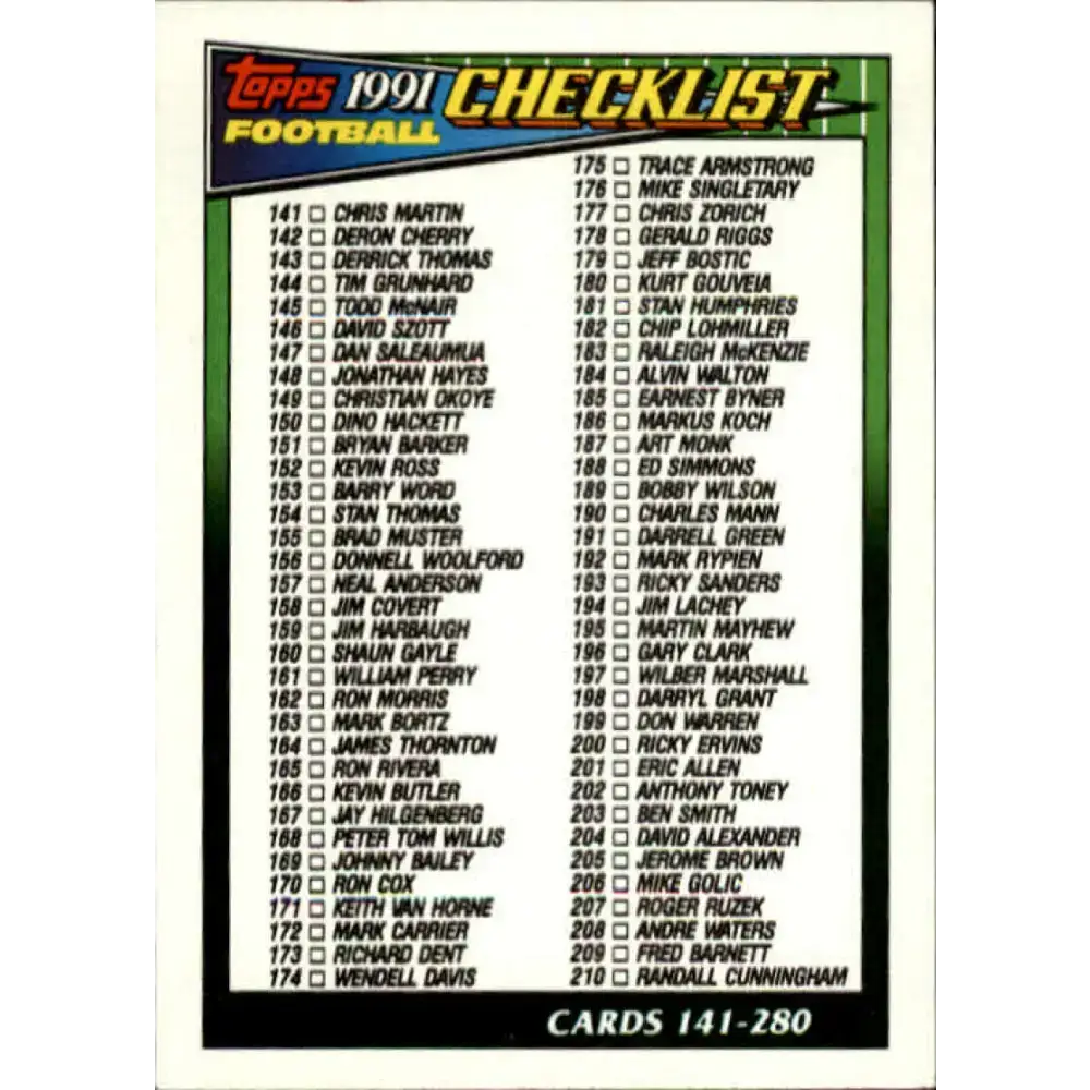 1991 Topps #657 Checklist 141-280 NM-MT Football Card - Football Card Single