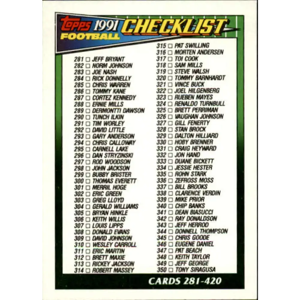 1991 Topps #658 Checklist 281-420 NM-MT Football Card - Football Card Single