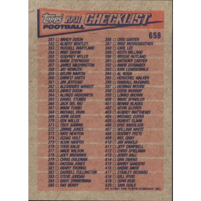 1991 Topps #658 Checklist 281-420 NM-MT Football Card - Football Card Single