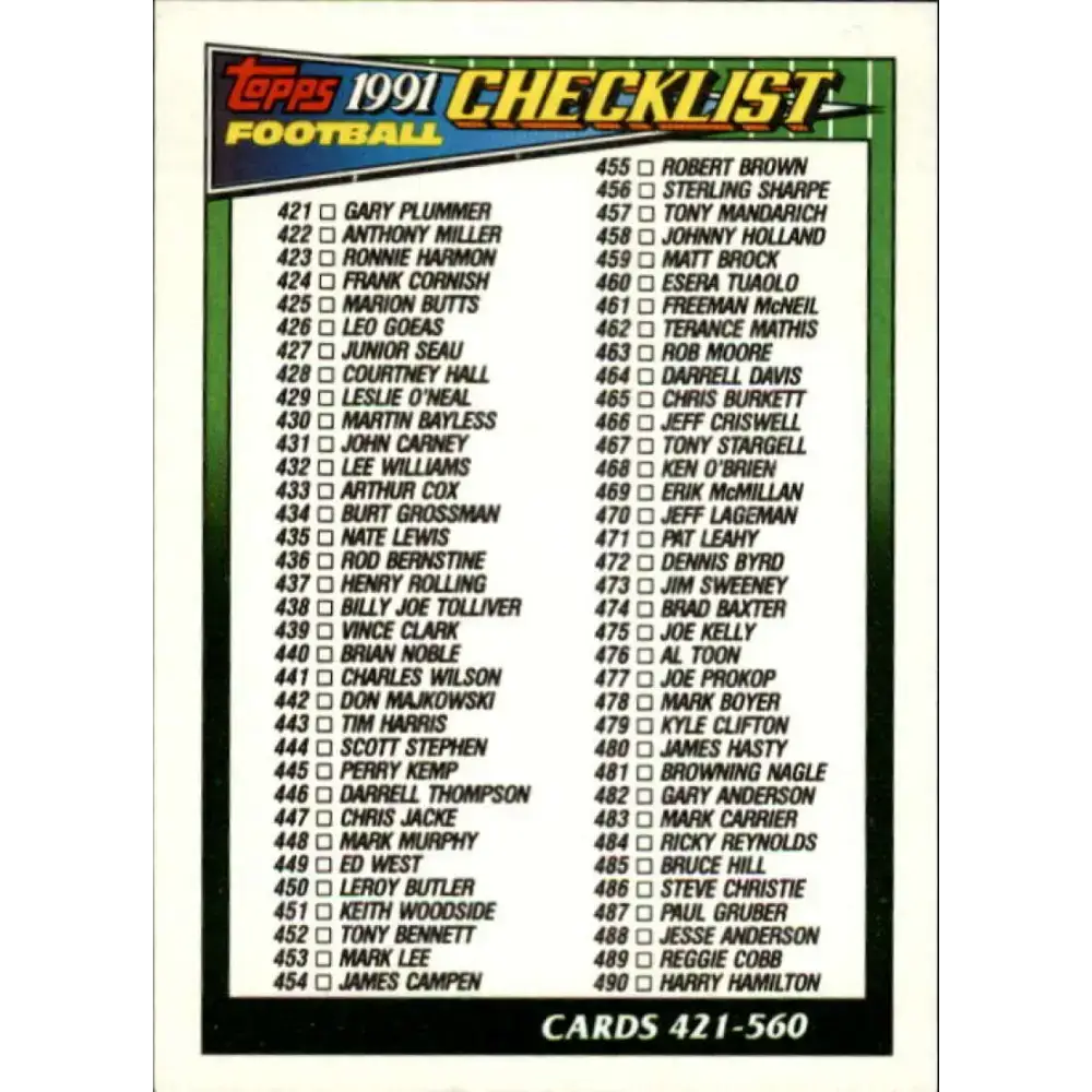 1991 Topps #659 Checklist 421-560 NM-MT Football Card - Football Card Single