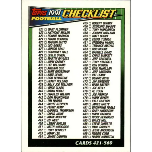 1991 Topps #659 Checklist 421-560 NM-MT Football Card - Football Card Single