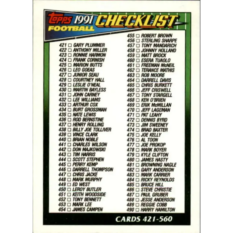 1991 Topps #659 Checklist 421-560 NM-MT Football Card - Football Card Single