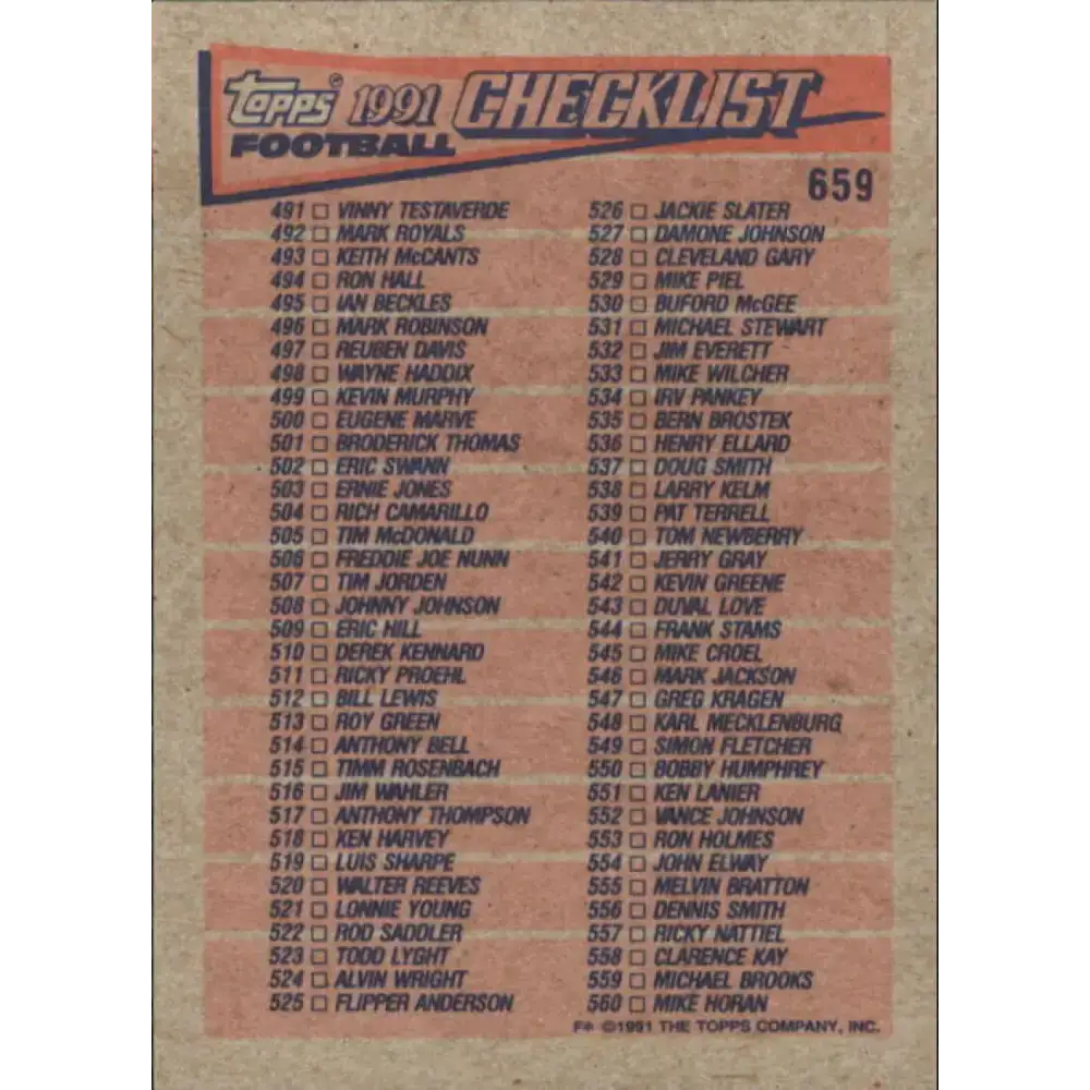 1991 Topps #659 Checklist 421-560 NM-MT Football Card - Football Card Single