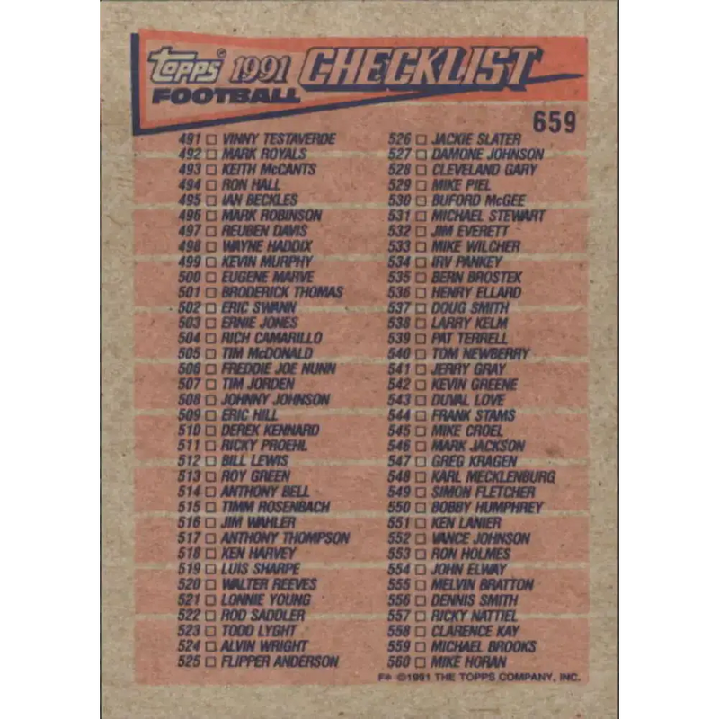 1991 Topps #659 Checklist 421-560 NM-MT Football Card - Football Card Single