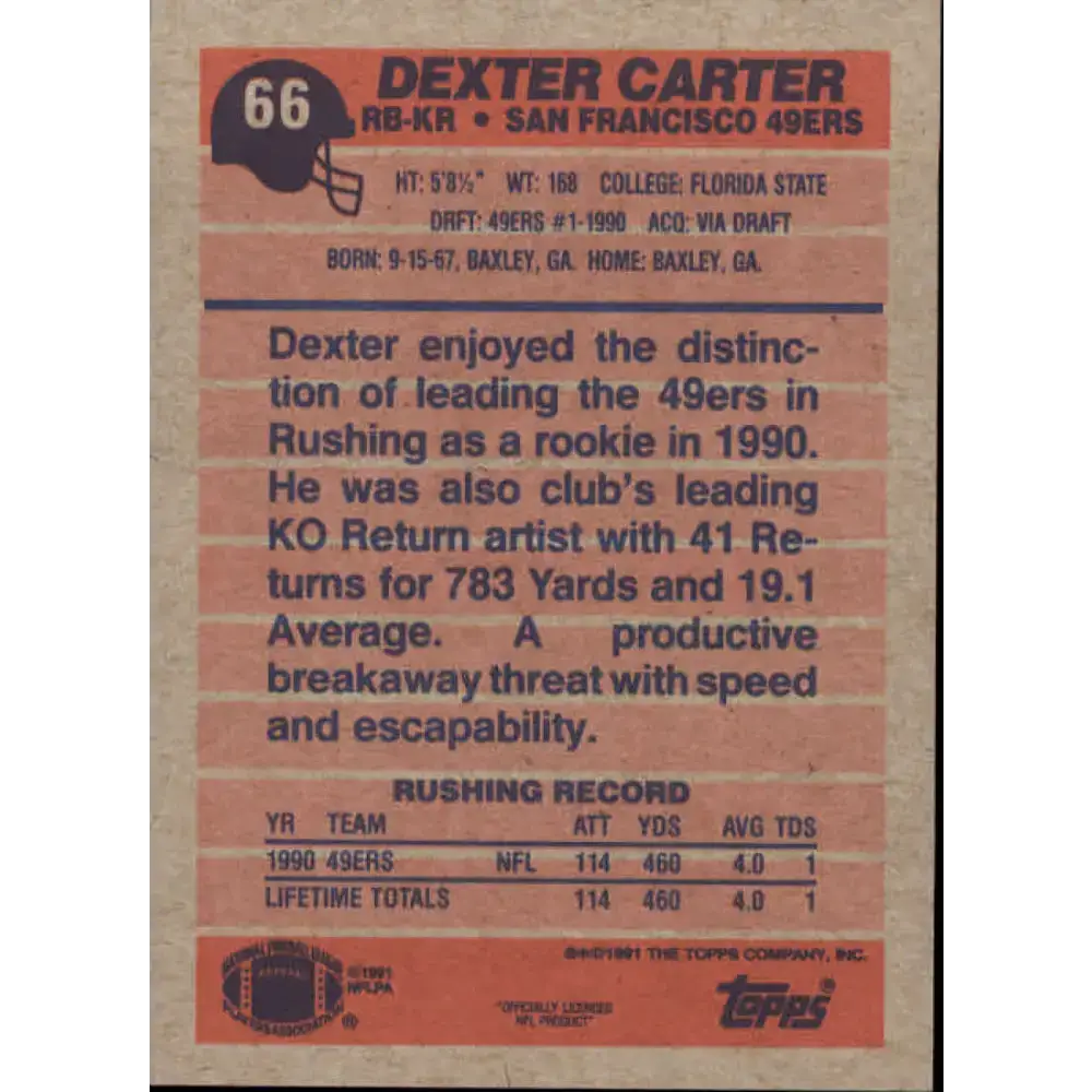 1991 Topps #66 Dexter Carter NM-MT San Francisco 49ers Football Card - Football Card Single