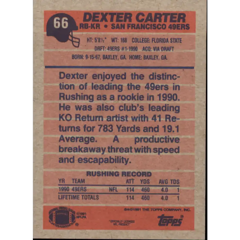 1991 Topps #66 Dexter Carter NM-MT San Francisco 49ers Football Card - Football Card Single