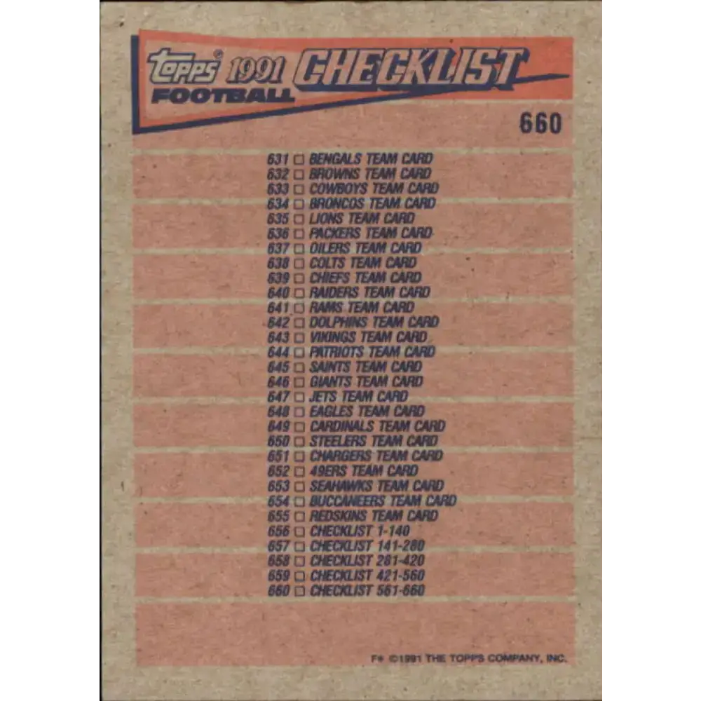 1991 Topps #660 Checklist 561-660 NM-MT Football Card - Football Card Single
