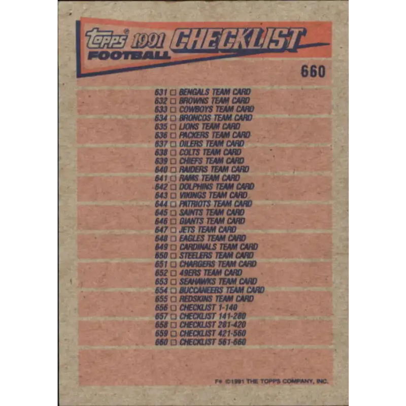 1991 Topps #660 Checklist 561-660 NM-MT Football Card - Football Card Single