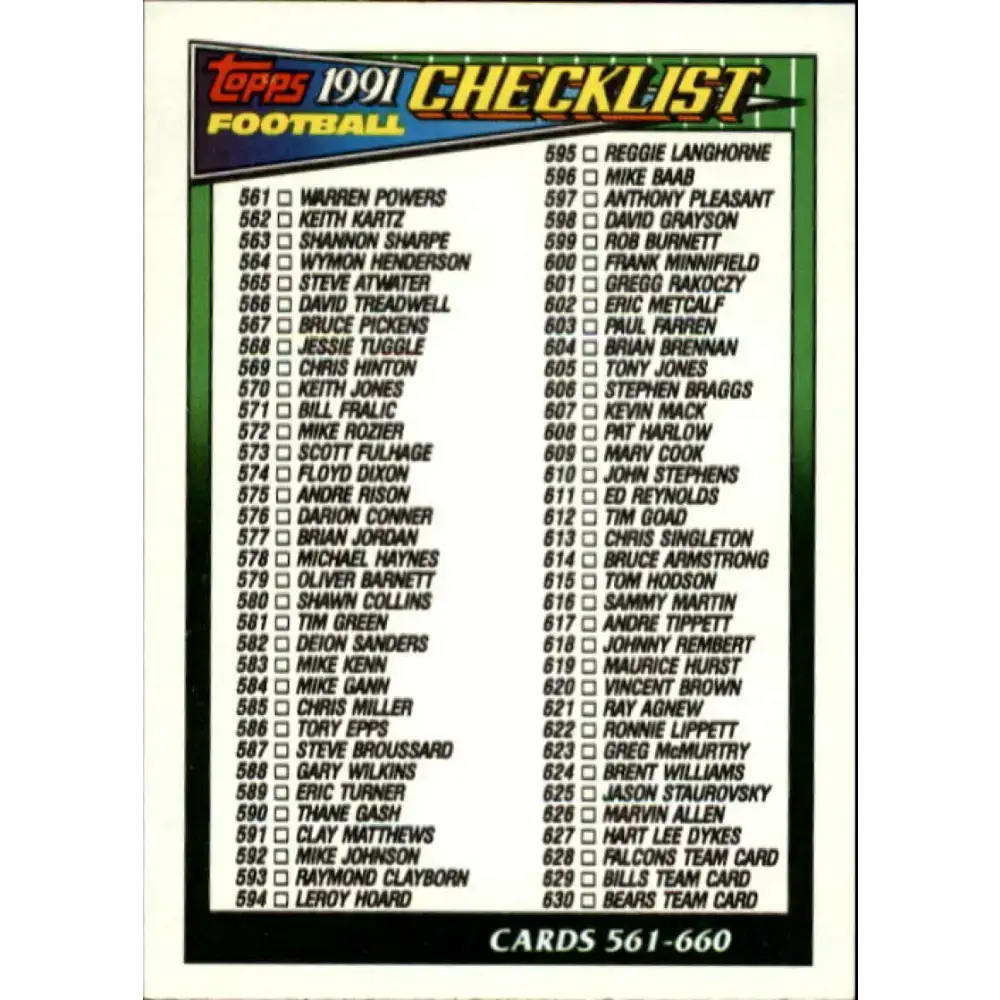 1991 Topps #660 Checklist 561-660 NM-MT Football Card - Football Card Single