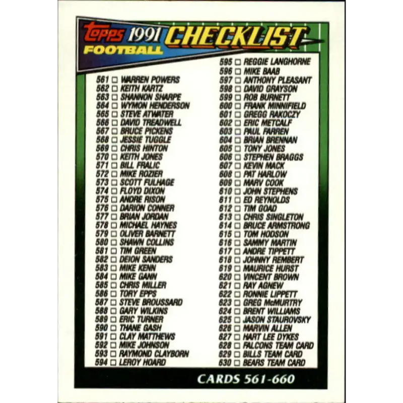 1991 Topps #660 Checklist 561-660 NM-MT Football Card - Football Card Single
