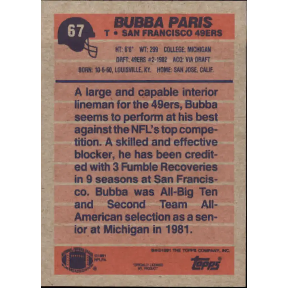 1991 Topps #67 Bubba Paris NM-MT San Francisco 49ers Football Card - Football Card Single