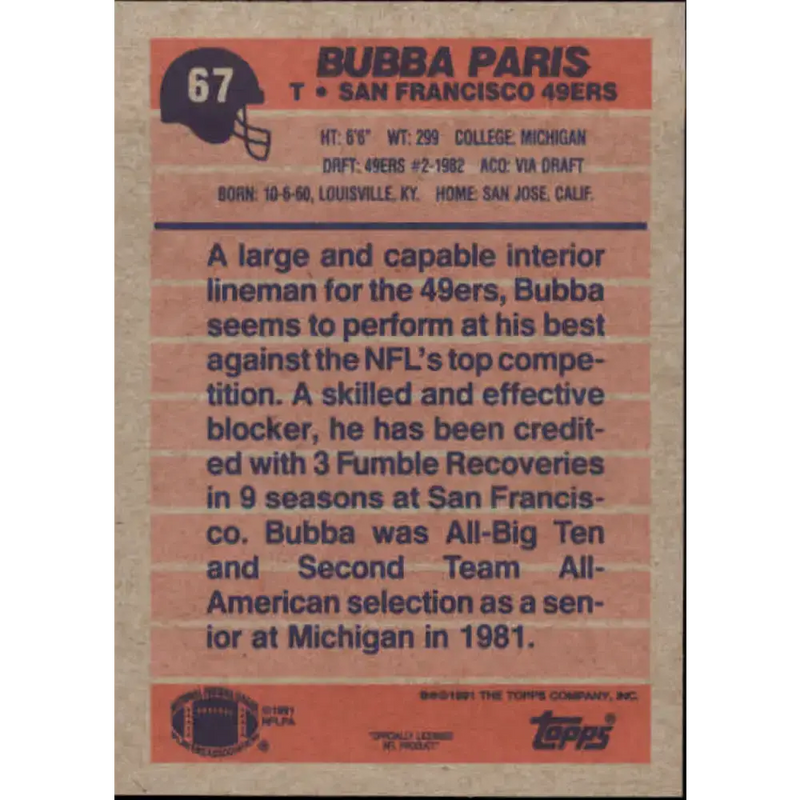 1991 Topps #67 Bubba Paris NM-MT San Francisco 49ers Football Card - Football Card Single