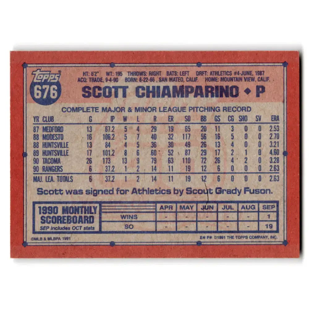 1991 Topps #676 Scott Chiamparino NM-MT Texas Rangers Baseball Card - Baseball Card Single