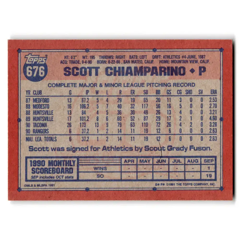 1991 Topps #676 Scott Chiamparino NM-MT Texas Rangers Baseball Card - Baseball Card Single