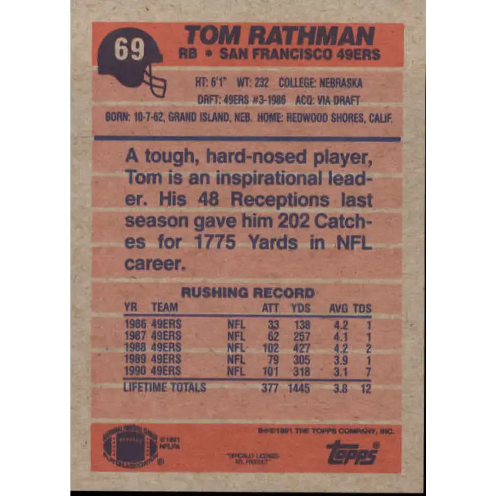1991 Topps #69 Tom Rathman NM-MT San Francisco 49ers Football Card - Football Card Single